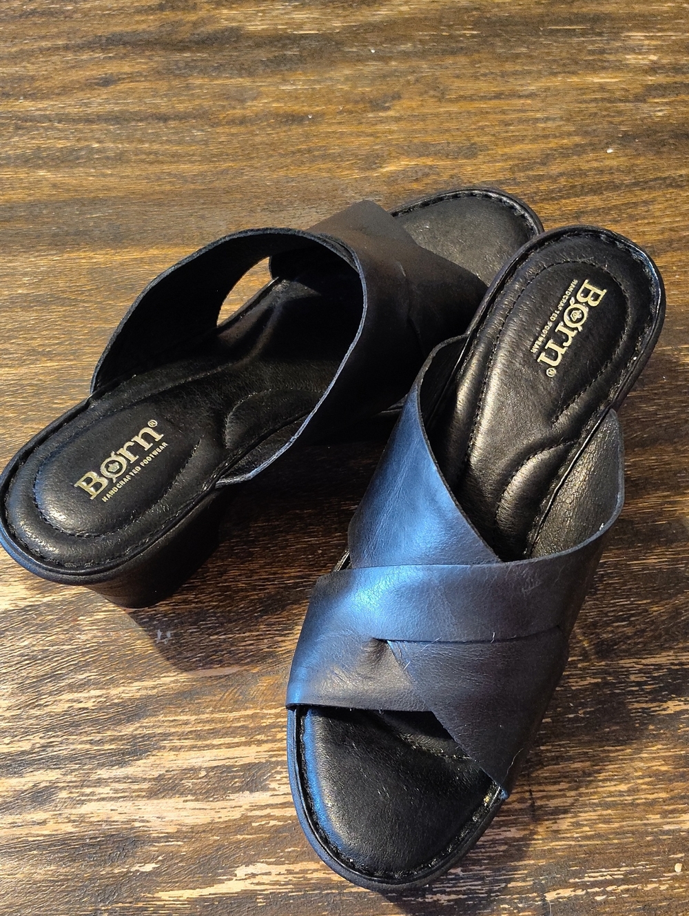 Born Classic 3" Heel Black Leather Crossover Slide Mules Boho Sandals